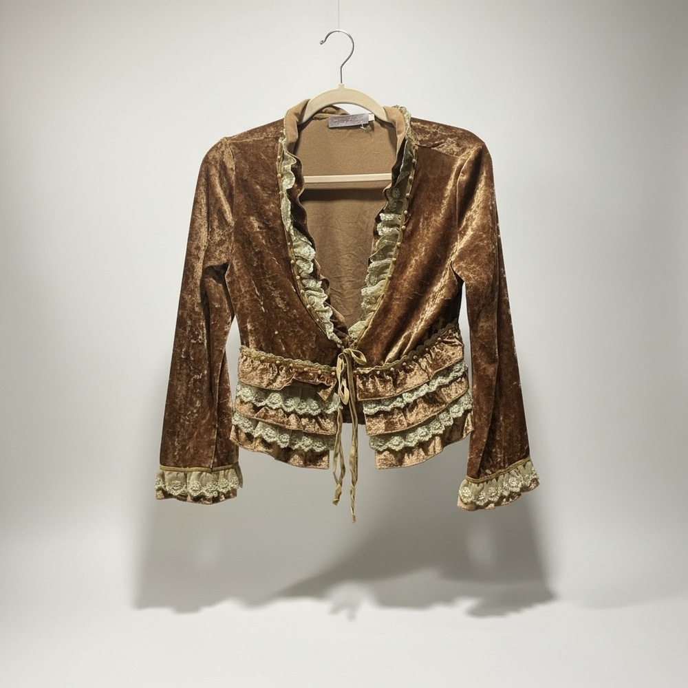 Vintage Velvet Ruffle Tie-Front Jacket in Warm Brown with Cream Trim